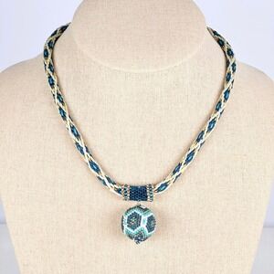 Artisan Boho Teal Blue Gold Crochet Seed Beaded Orb Braided Cord Necklace